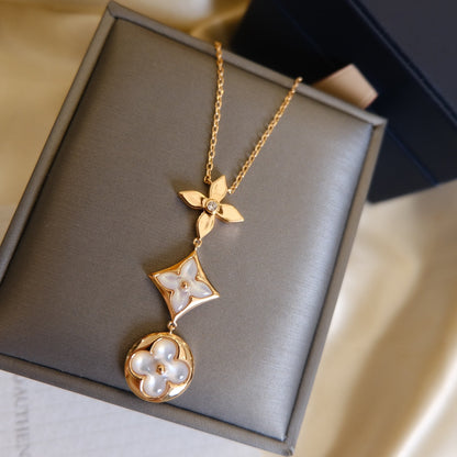 [Sparkle]COLOR BLOSSOM LARIAT NECKLACE ROSE GOLD WHITE MOTHER PEARL AND DIAMOND