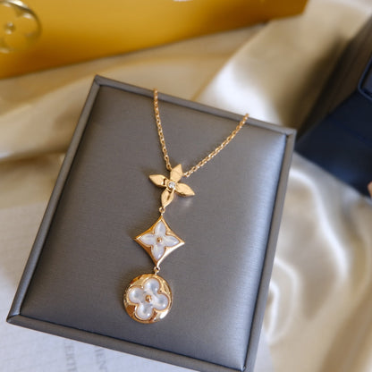 [Sparkle]COLOR BLOSSOM LARIAT NECKLACE ROSE GOLD WHITE MOTHER PEARL AND DIAMOND