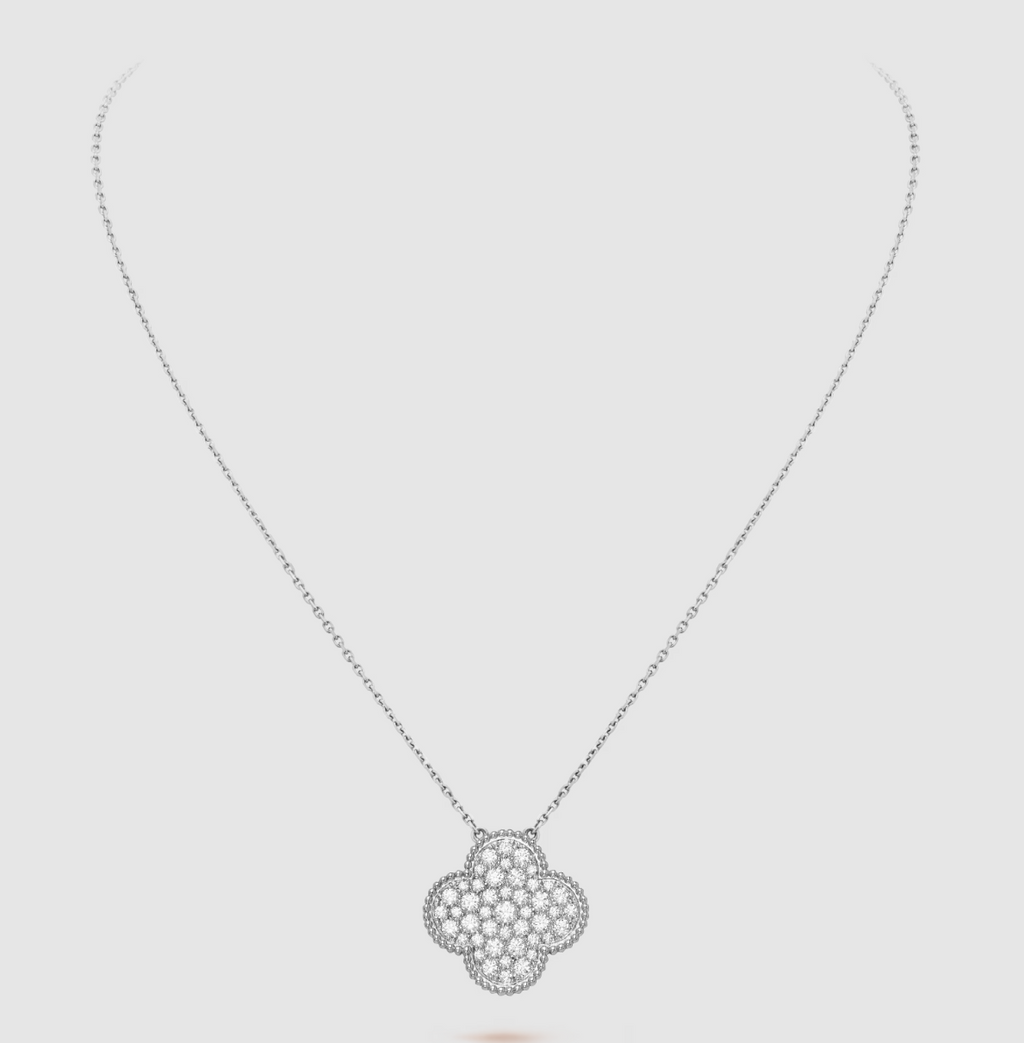 [sparkle Jewelry ]CLOVER 25MM LARGE PENDANT DIAMOND PAVED SILVER NECKLACE