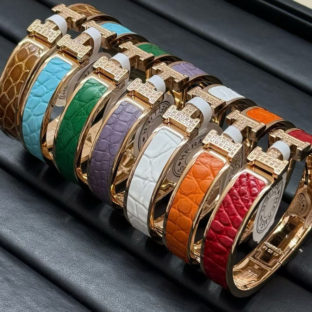 [sparkle Jewellery]New H Full Diamond Bracelet, Luxury Premium Version, Genuine Crocodile Leather