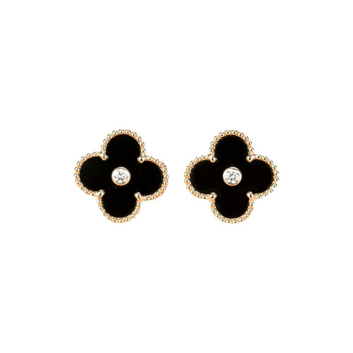 [sparkle Jewelry ]CLOVER MEDIUM 1 MOTIFS ONYX DIAMOND EARRINGS