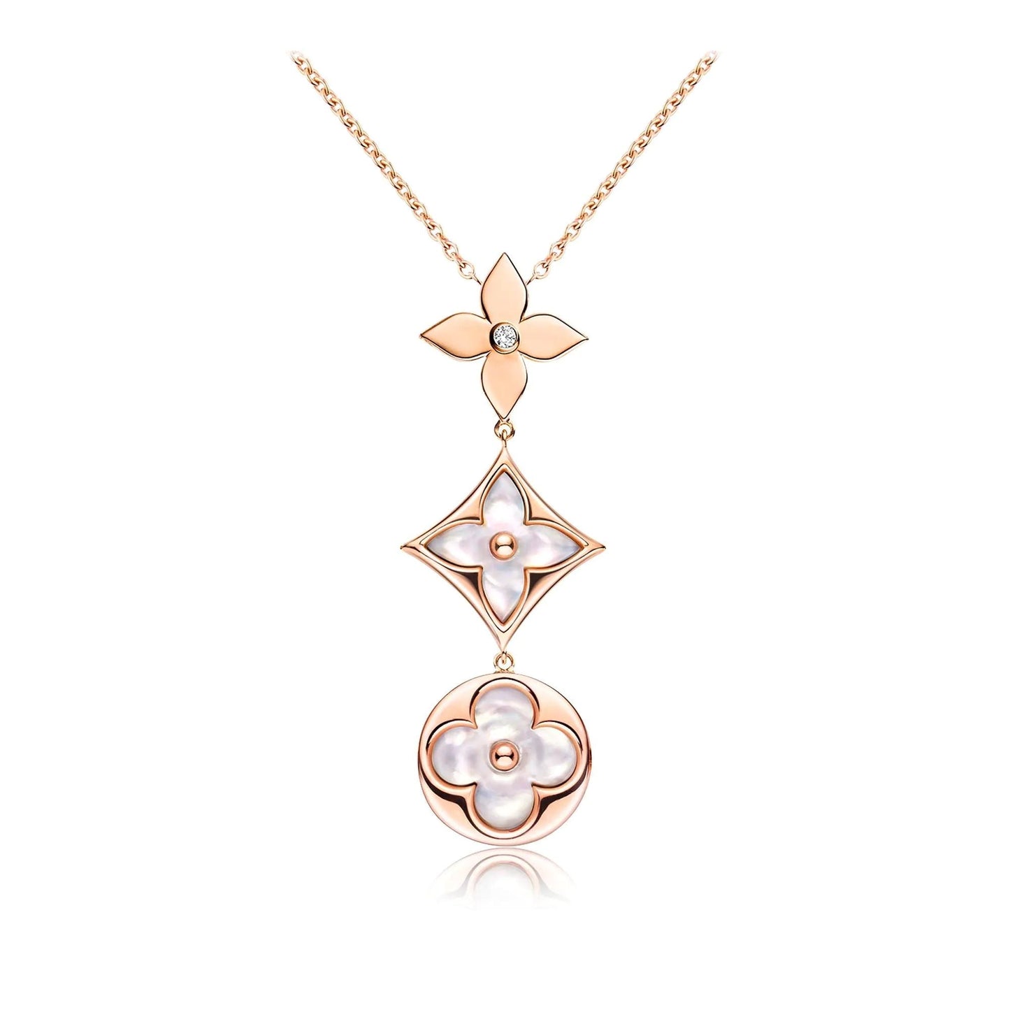 [Sparkle]COLOR BLOSSOM LARIAT NECKLACE ROSE GOLD WHITE MOTHER PEARL AND DIAMOND