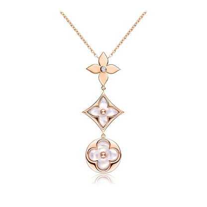 [Sparkle]COLOR BLOSSOM LARIAT NECKLACE ROSE GOLD WHITE MOTHER PEARL AND DIAMOND
