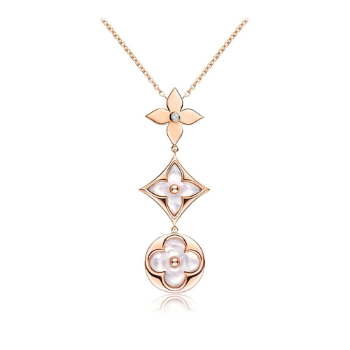 [Sparkle]COLOR BLOSSOM LARIAT NECKLACE ROSE GOLD WHITE MOTHER PEARL AND DIAMOND