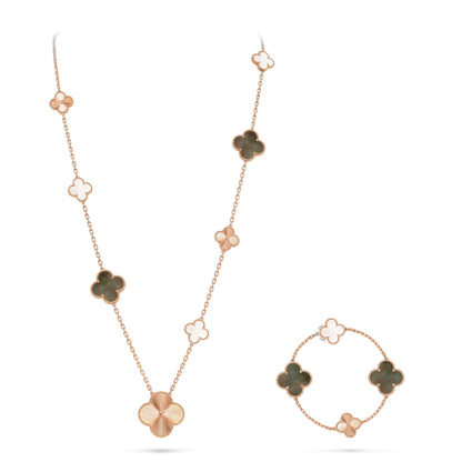 [sparkle Jewelry ]DETACHABLE CLOVER 15(11+4) FLOWER ROSE GOLD NECKLACE SET