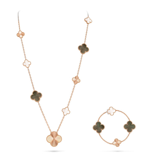 [sparkle Jewelry ]DETACHABLE CLOVER 15(11+4) FLOWER ROSE GOLD NECKLACE SET