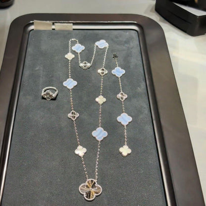 [Sparkle]DETACHABLE 15-MOTIF CLOVER STATEMENT SET - PURPLE CHALCEDONY & LASER