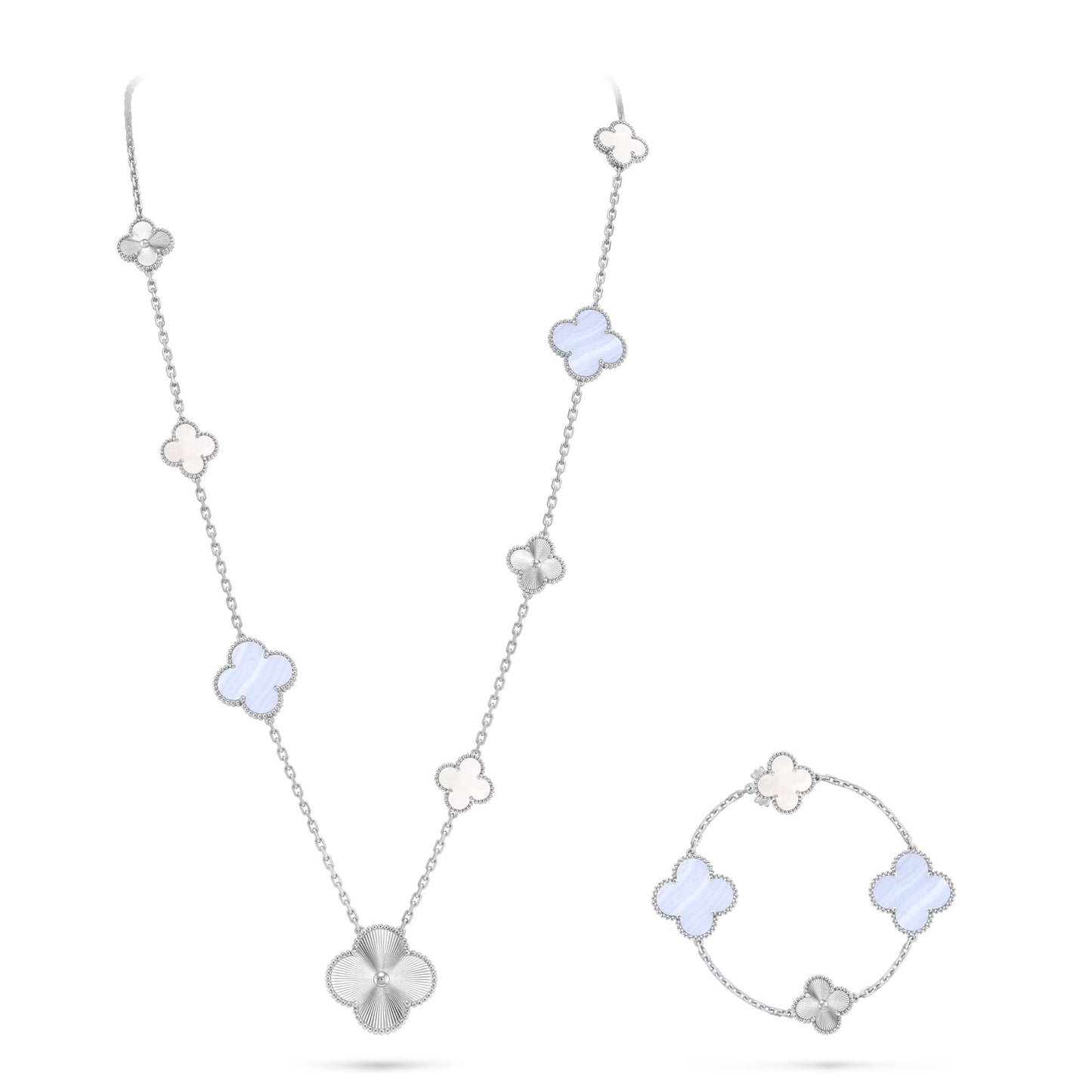 [Sparkle]DETACHABLE 15-MOTIF CLOVER STATEMENT SET - PURPLE CHALCEDONY & LASER