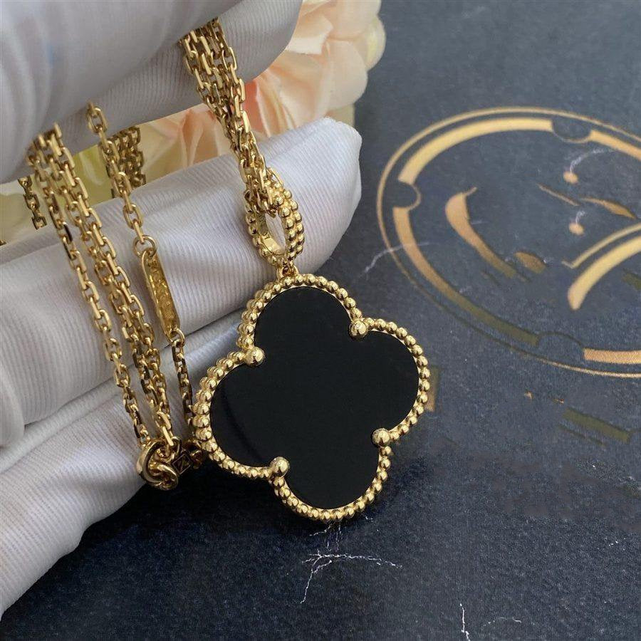 [sparkle Jewelry ]CLOVER 25MM GOLD ONYX BIG CLOVER NECKLACE