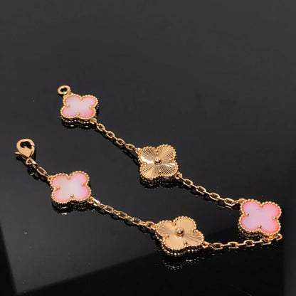 [Sparkle]ラッキー クローバー 5モチーフ ブレスレット - ピンクマザーオブパール コレクション
