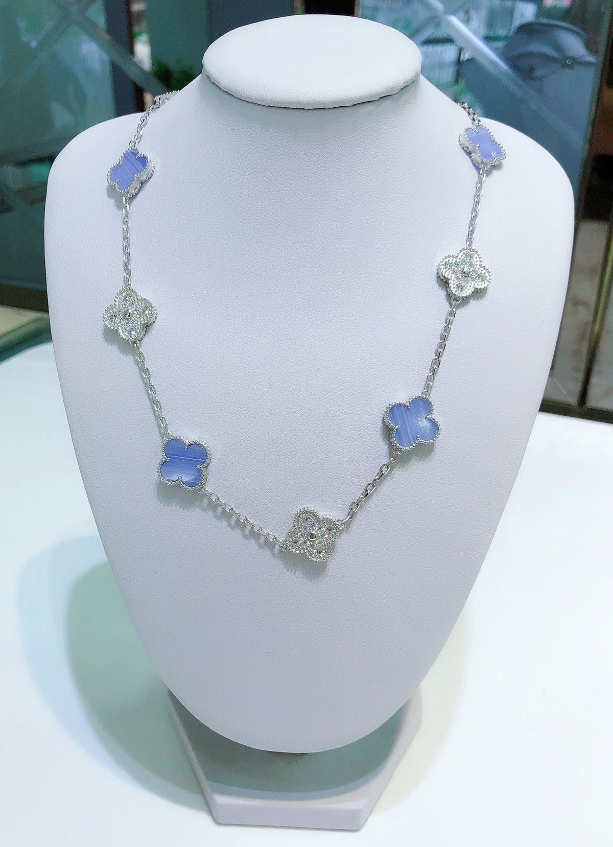 [sparkle Jewelry ]CLOVER 10 MOTIFS CHALCEDONY DIAMONDS SILVER NECKLACE