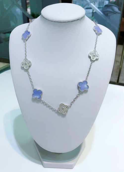 [sparkle Jewelry ]CLOVER 10 MOTIFS CHALCEDONY DIAMONDS SILVER NECKLACE