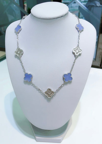 [sparkle Jewelry ]CLOVER 10 MOTIFS CHALCEDONY DIAMONDS SILVER NECKLACE
