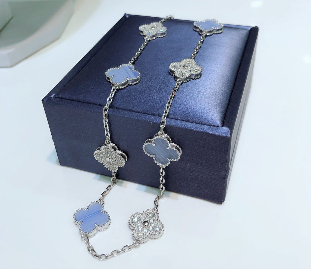 [sparkle Jewelry ]CLOVER 10 MOTIFS CHALCEDONY DIAMONDS SILVER NECKLACE