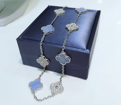 [sparkle Jewelry ]CLOVER 10 MOTIFS CHALCEDONY DIAMONDS SILVER NECKLACE