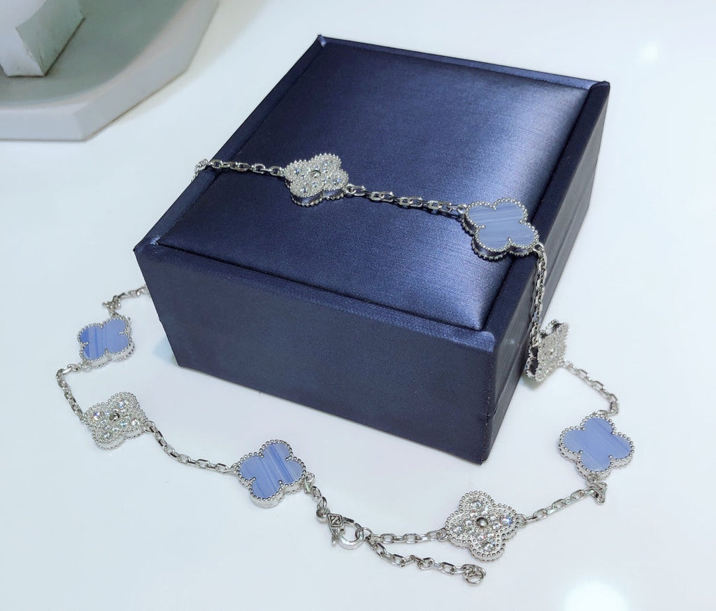 [sparkle Jewelry ]CLOVER 10 MOTIFS CHALCEDONY DIAMONDS SILVER NECKLACE