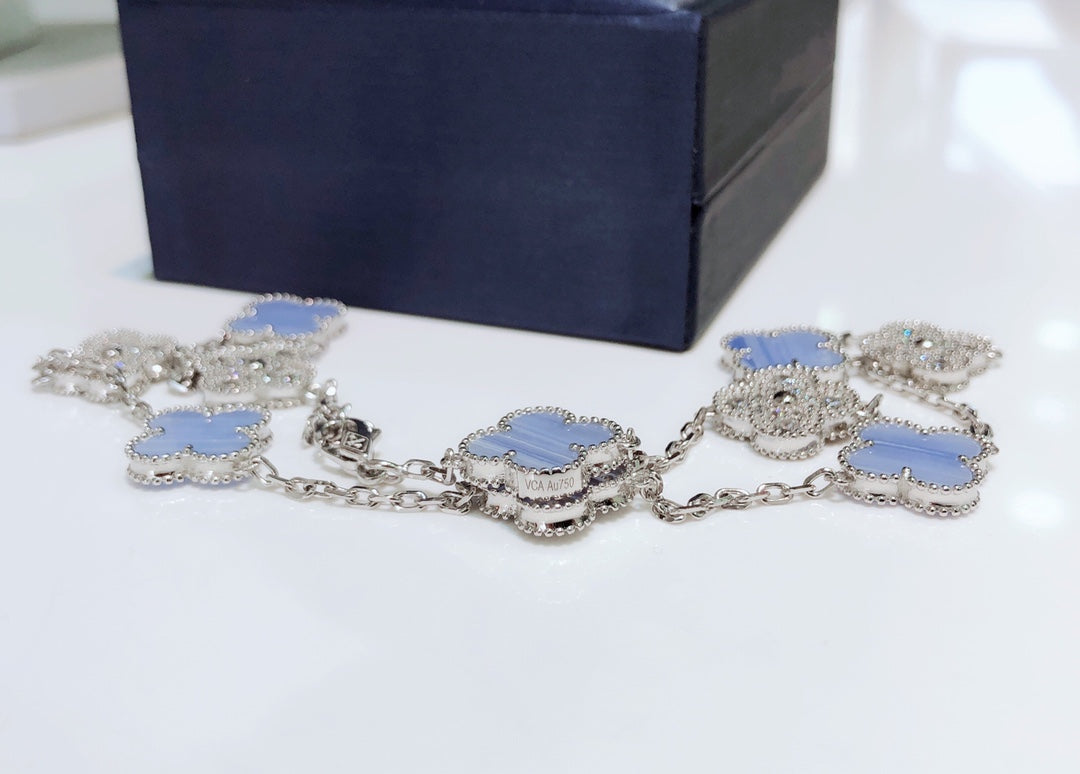 [sparkle Jewelry ]CLOVER 10 MOTIFS CHALCEDONY DIAMONDS SILVER NECKLACE