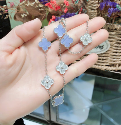 [sparkle Jewelry ]CLOVER 10 MOTIFS CHALCEDONY DIAMONDS SILVER NECKLACE