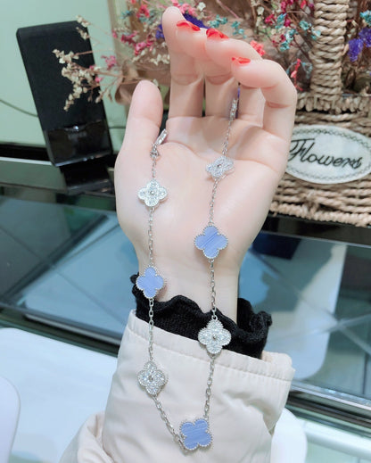 [sparkle Jewelry ]CLOVER 10 MOTIFS CHALCEDONY DIAMONDS SILVER NECKLACE